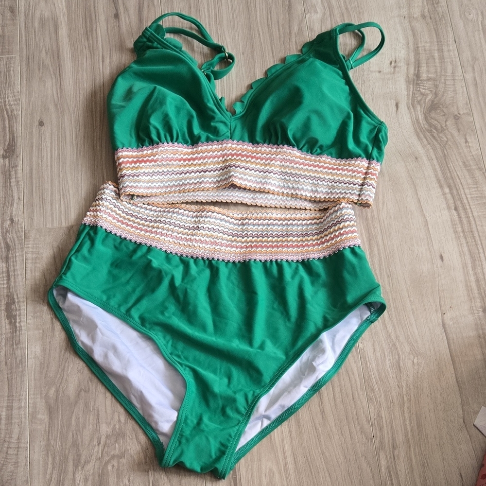 Green and White Two-Piece Swimsuit